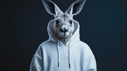 White kangaroo hoodie mockup featuring a kangaroo head, set against a dark background, ideal for showcasing creative designs and branding concepts in a unique and engaging way.