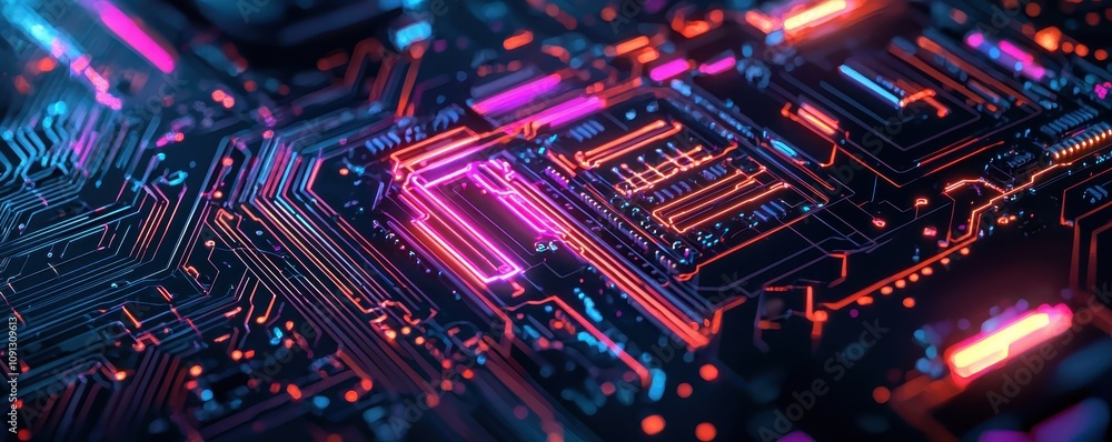 Poster a vibrant, close-up view of a circuit board, showcasing intricate patterns and glowing neon elements