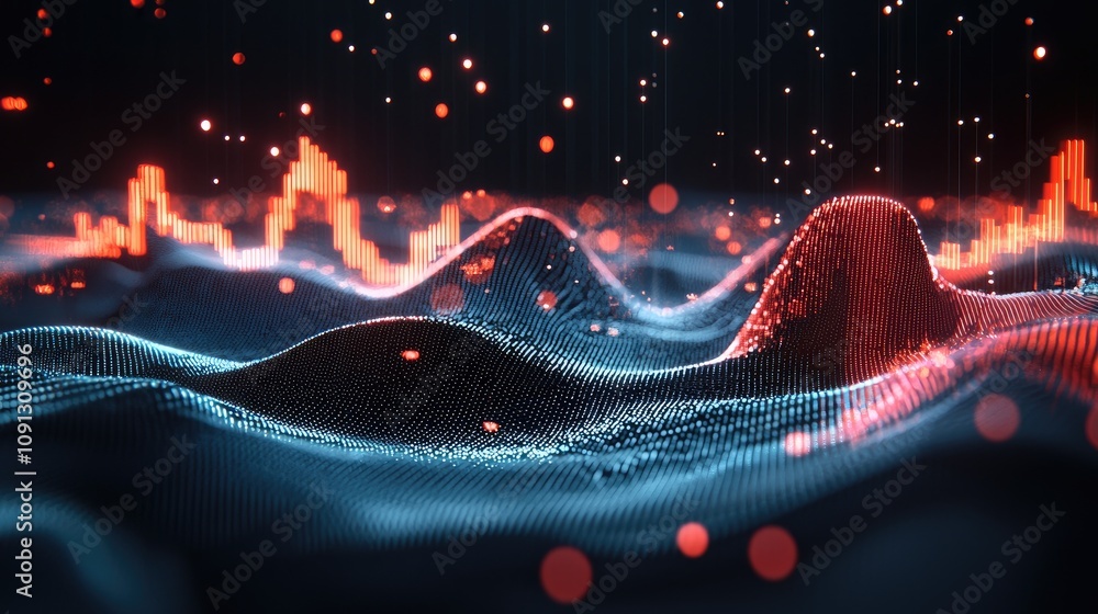 Poster abstract data visualization: red and blue particle waveforms with bokeh