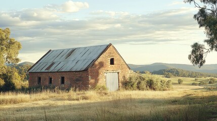 Obraz premium An old brick barn with a tin roof set against a scenic rural landscape.