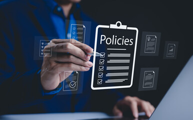 Policy documentation and compliance concept. A person reviews digital document labeled 