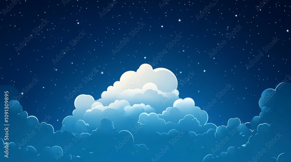 Poster under a dark blue night sky, fluffy clouds float gently while twinkling stars shine brightly. the mo