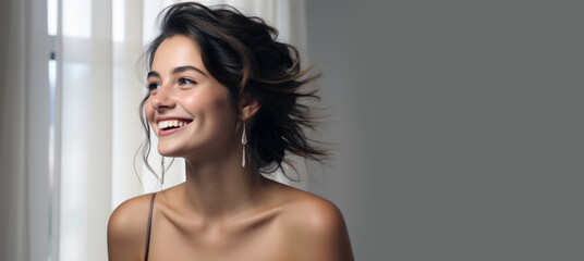 Woman in Fine Strap Dress with Crystal Earrings with Empty Space