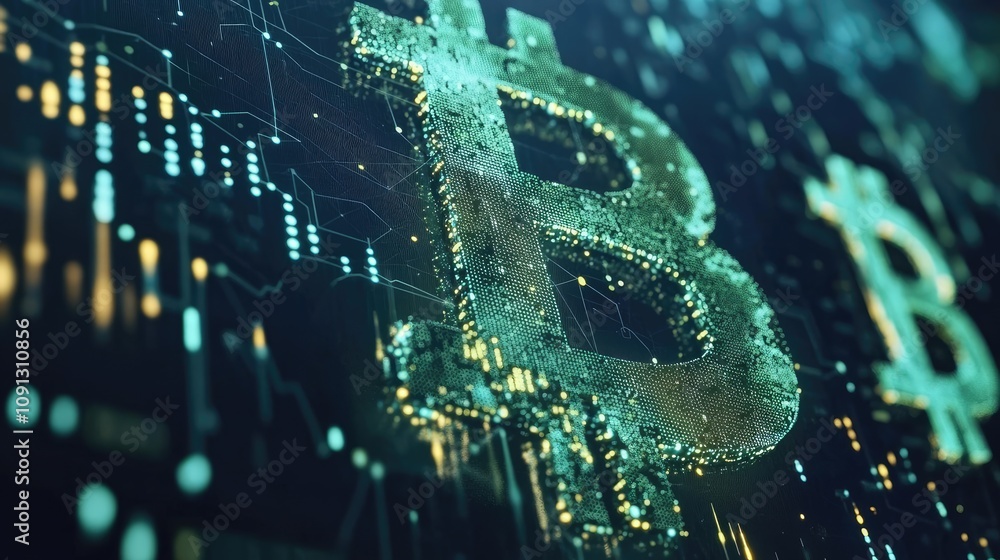 Poster abstract bitcoin symbol composed of glowing particles on a circuit board
