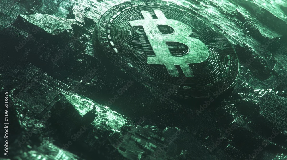 Poster Embossed Bitcoin Coin Embedded in a Dark, Textured Surface