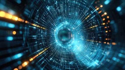 Fototapeta premium Abstract cosmic tunnel featuring vibrant blue and orange lights, creating a dynamic visual of a digital universe, symbolizing a gateway to virtual dimensions and machine intelligence.