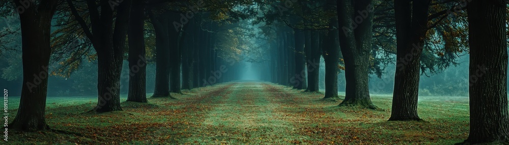 Aufkleber A serene forest path illuminated by soft light, flanked by tall trees, creating a tranquil and enchanting atmosphere.