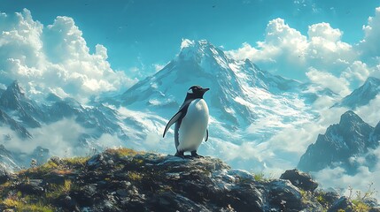 Obraz premium Charming penguin bird flying over pristine nature scenery wallpaper images