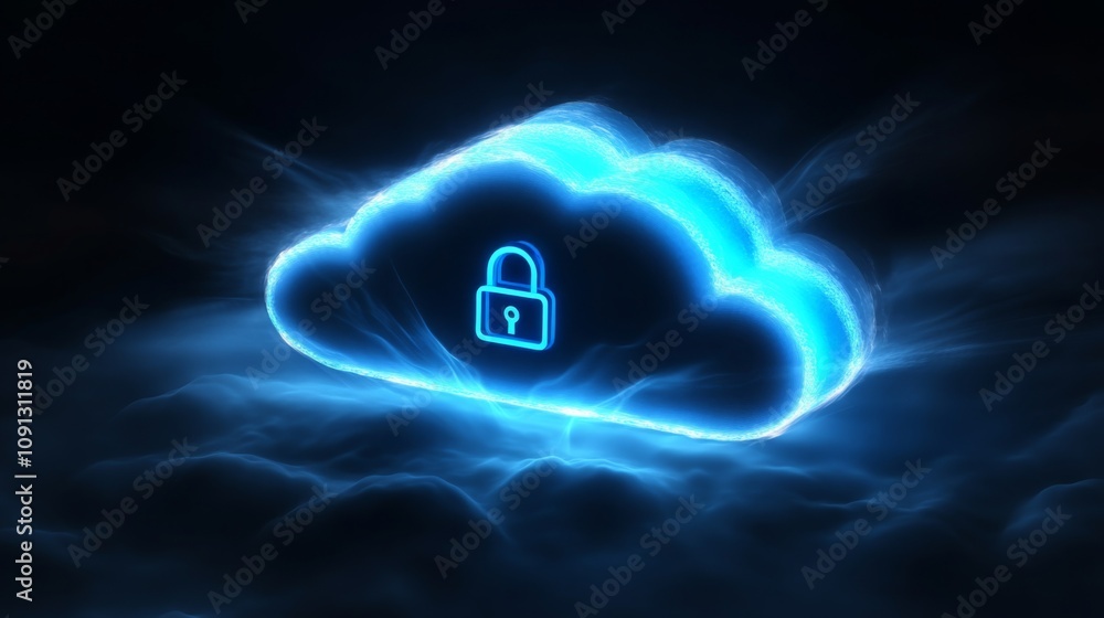 Poster a blue cloud, lit from within and with a neon-like glow, hovers over a dark, swirling background. a 