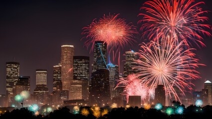 Obraz premium Houston skyline in silhouette with a colorful fireworks display celebrating a summer night, Ai Generated