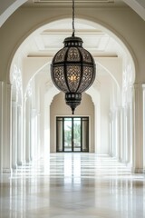 Naklejka premium Ornate lantern hangs in bright, arched hallway.