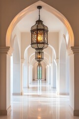 Fototapeta premium Elegant hallway, arched doorways, ornate lantern.