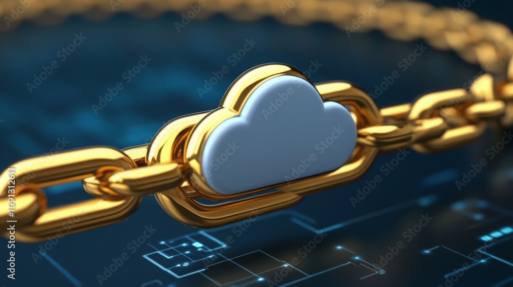 Poster The image features a shiny golden chain link connected to a cloud symbol, symbolizing the relationship between security and cloud storage. The digital background enhances the theme of technology.