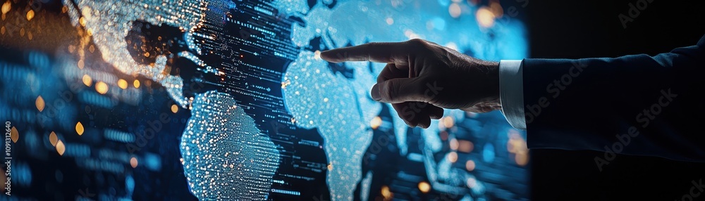 Aufkleber a hand points at a digital map of africa, showcasing data visualization with glowing dots and a tech