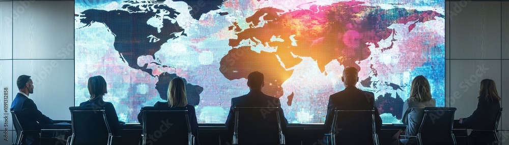 Poster a group of professionals observes a digital world map displayed on a large screen in a modern confer