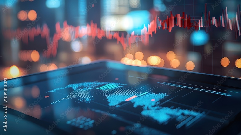 Poster a digital display shows financial data, featuring a fluctuating graph against a blurred city backdro
