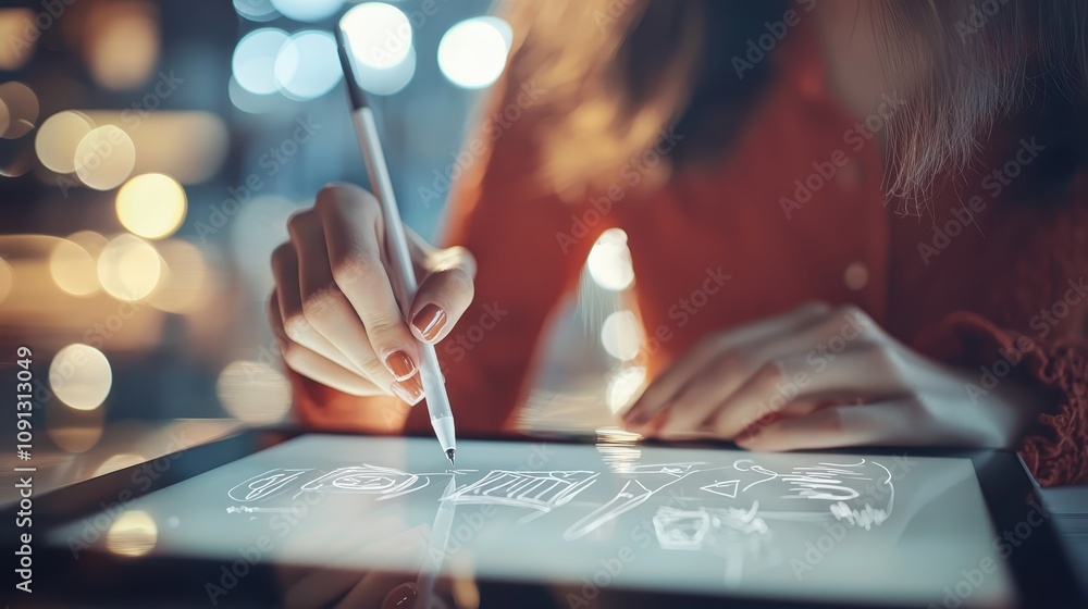 Poster a person using a stylus on a digital tablet, creating drawings or designs, with soft bokeh lighting 