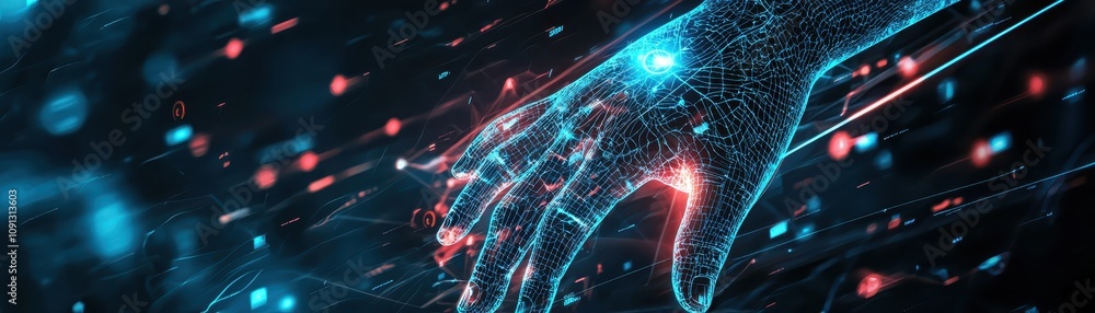 Poster a digital representation of a hand, illuminated with vibrant blue and red particles, symbolizing tec