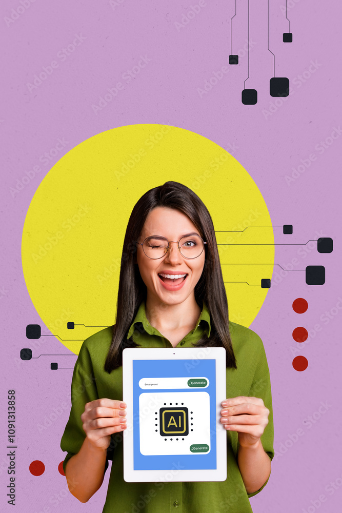 Poster vertical photo collage of happy girl hold ereader device ai intelligence app webpage icon helper int