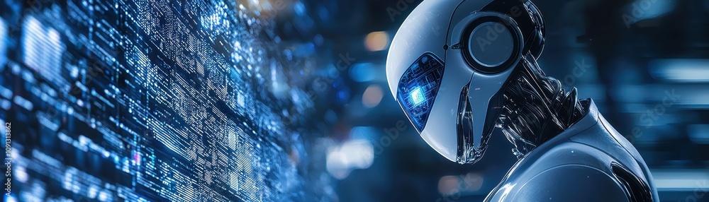 Poster a futuristic robot gazes at digital data, surrounded by a blue, high-tech environment, symbolizing a