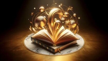 A 3d rendered luxurious design emphasizing the value of knowledge. Open books with golden edges glowing softly, with abstract swirls of light resembling flowing ideas. 