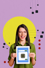Vertical photo collage of happy girl hold ereader device ai intelligence app webpage icon helper...