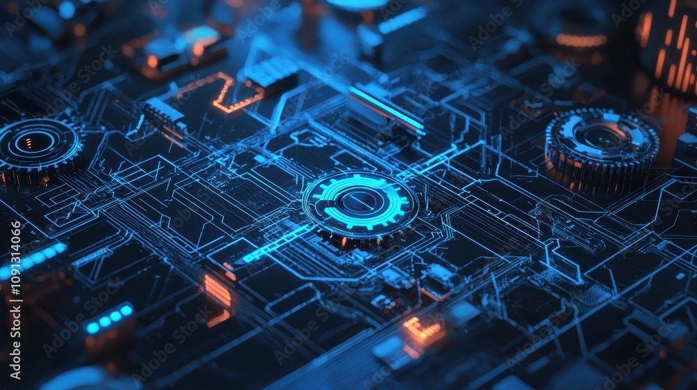 Poster a close-up view of a futuristic circuit board featuring glowing blue and orange elements, emphasizin