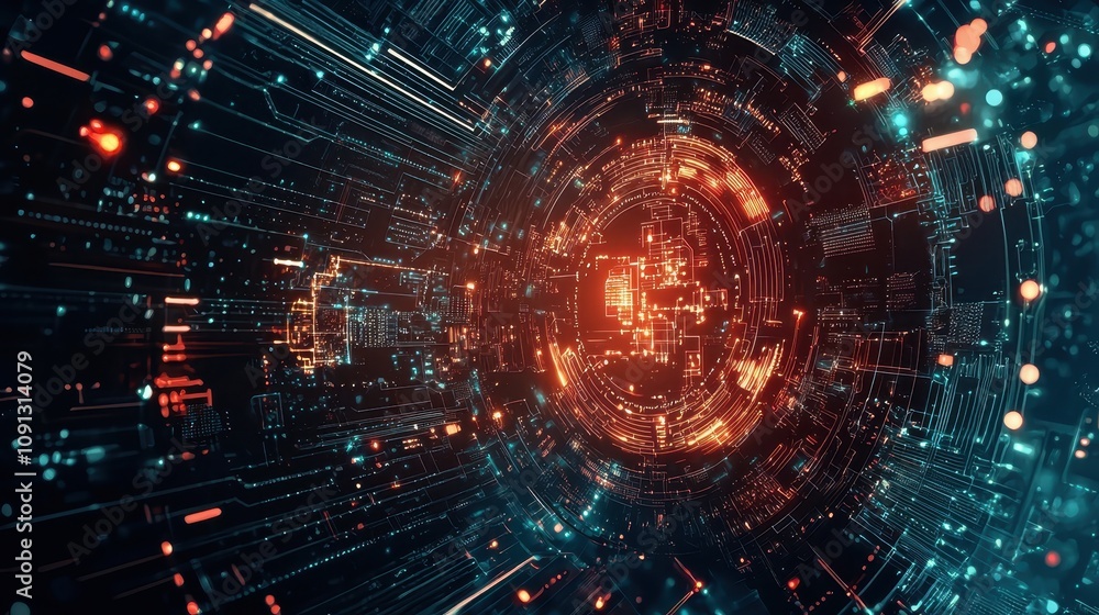 Poster a vibrant digital landscape featuring glowing data streams and a central orb, representing advanced 