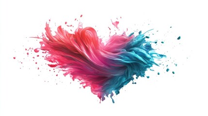 3D rendering of an abstract heart-shaped paint splash featuring vibrant pink and blue swirls, creating a creative smear effect and artistic ribbon against a crisp white background, vibrant colors, art
