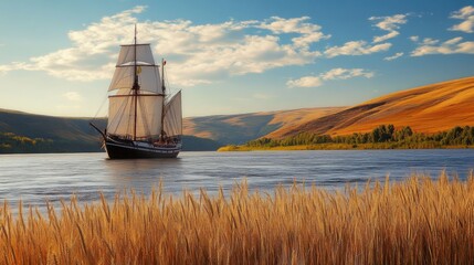 Sailboat moving on the river