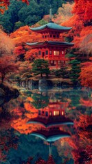 Fototapeta premium A picturesque night scene of the autumn leaves at Kiyomizudera National Park, with reflections on a tranquil pond and illuminated pagodas in red hues