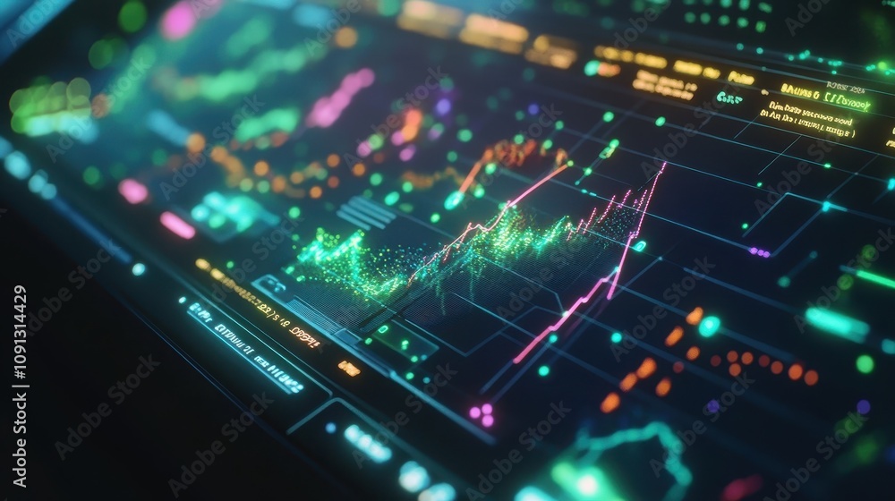 Poster a computer screen shows a graph of stock prices