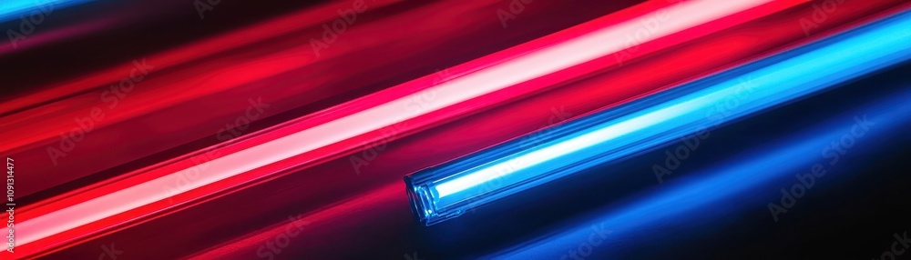 Poster a vibrant display of red and blue light streaks, creating a dynamic and futuristic visual effect.