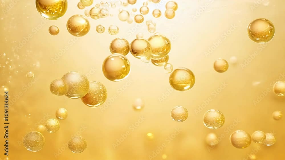 Poster golden bubbles floating in soft yellow background create serene atmosphere, with light reflections e