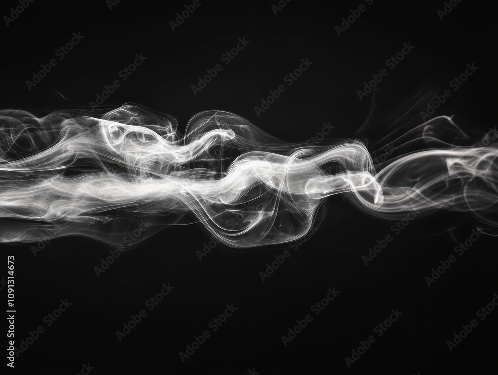 Poster a flowing, ethereal smoke pattern against a dark background, creating a sense of movement and tranqu