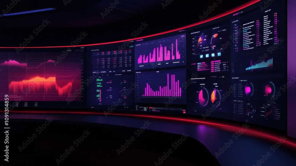 Poster a computer monitor displays a number of graphs and charts