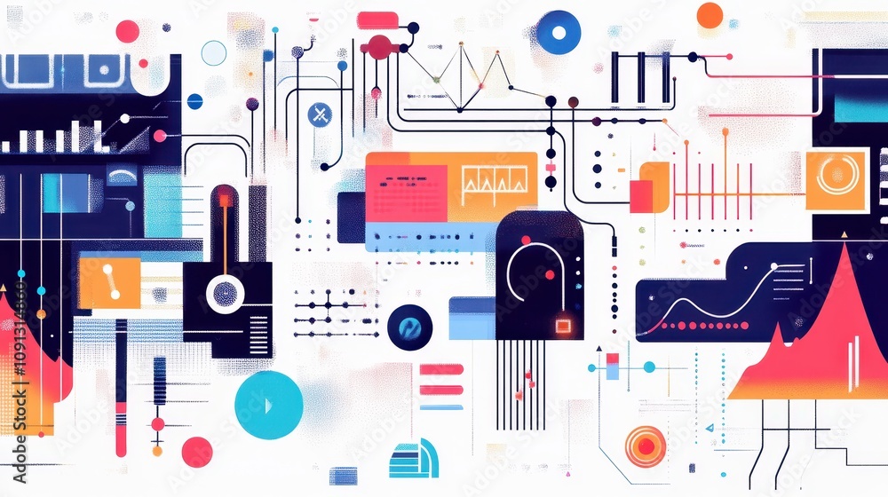 Poster a colorful drawing of a computer system with many different parts