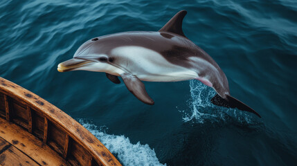 Obraz premium Playful Dolphin Leap: A vibrant dolphin leaps out of the water, creating a splash of excitement and joy. The dolphin's playful nature and graceful movements are captured in this captivating image. 