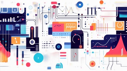 A colorful drawing of a computer system with many different parts