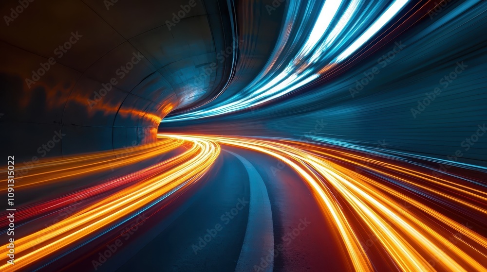 Poster a dynamic long-exposure shot capturing vibrant light trails in a tunnel, illustrating speed and moti