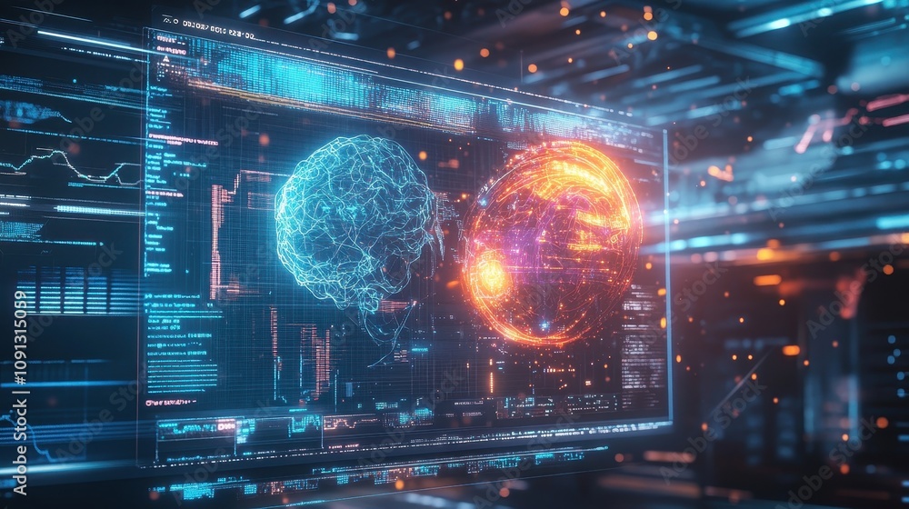 Poster a computer monitor displays two glowing brains and a red and orange sphere