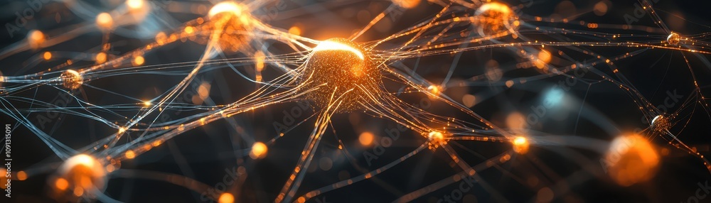Poster an abstract representation of interconnected neurons, showcasing vibrant orange lights against a dar