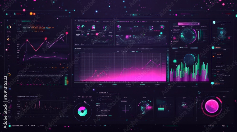 Poster a computer monitor displays a variety of colorful graphs and charts