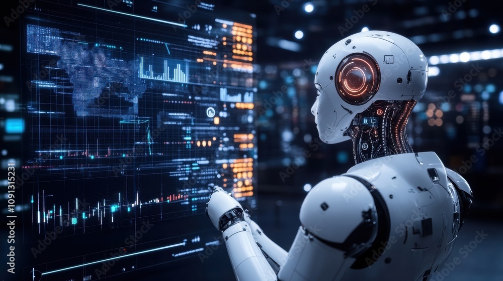 Poster a robot is looking at a computer screen with a map of the united states on it