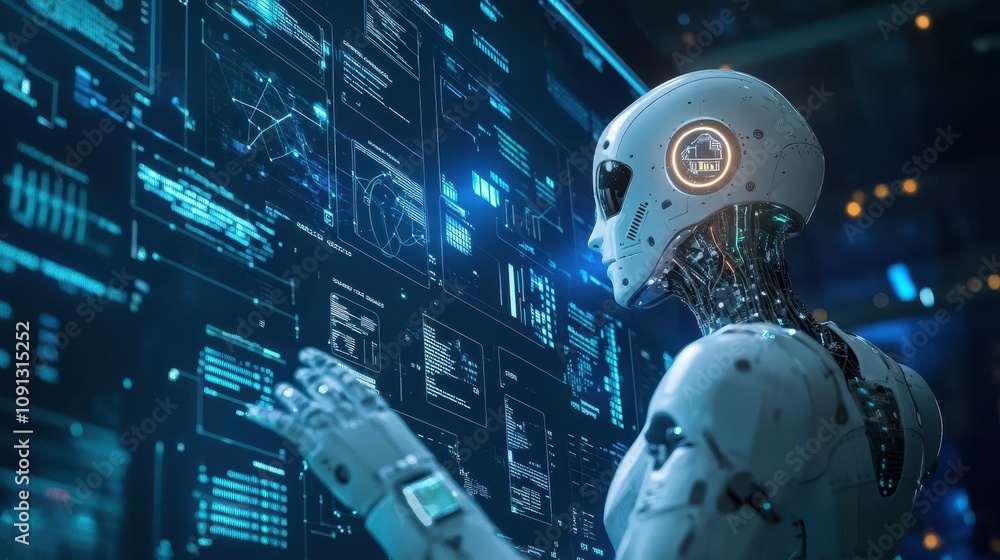 Poster a robot is looking at a computer screen with a lot of numbers and symbols