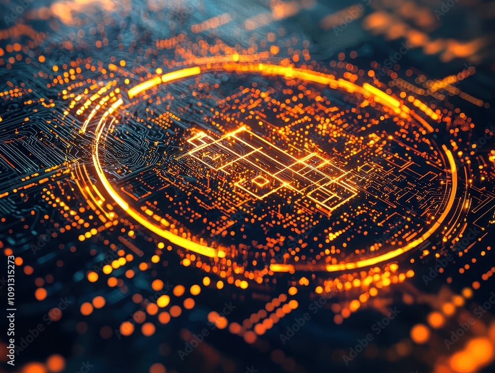 Poster a digital abstraction featuring glowing circuit patterns and a central geometric design, symbolizing