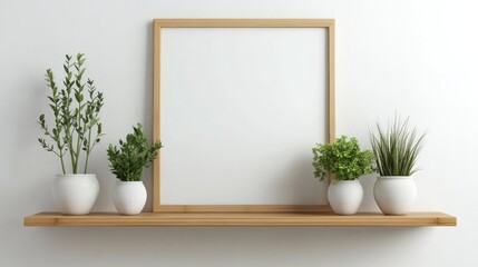 Scandinavian interior design with a bamboo shelf displaying a blank photo frame and assorted stylish plants in unique pots against minimalist white walls.