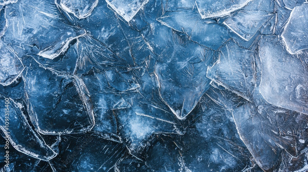 Poster a close-up view of cracked ice with a blue gradient, showcasing a texture that's both sharp and tran