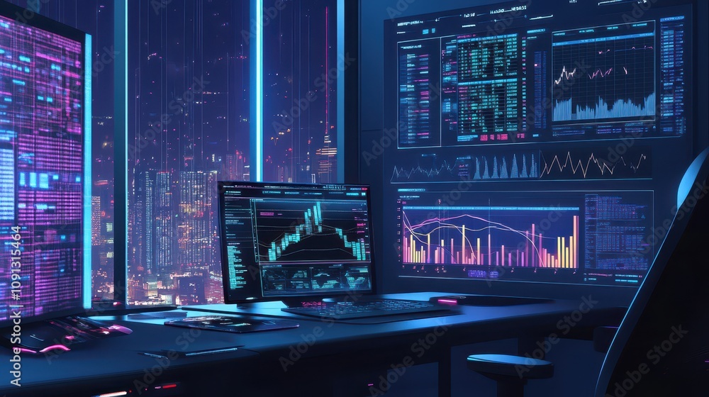 Poster a computer desk with a large monitor and two smaller monitors