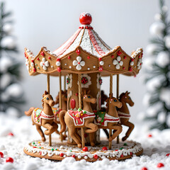 Charming gingerbread carousel surrounded by festive snowy decor, photography of still life concept.
